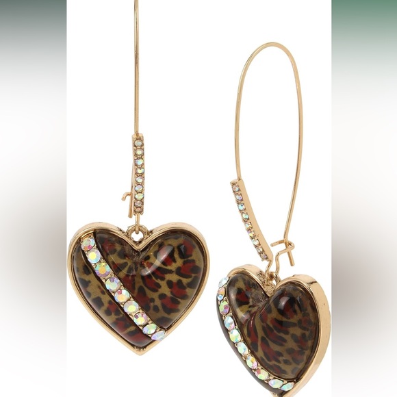 Betsey Johnson Jewelry - Betsey Johnson Gold-Tone Leopard Heart Drop Earrings with Aurora Rhinestones